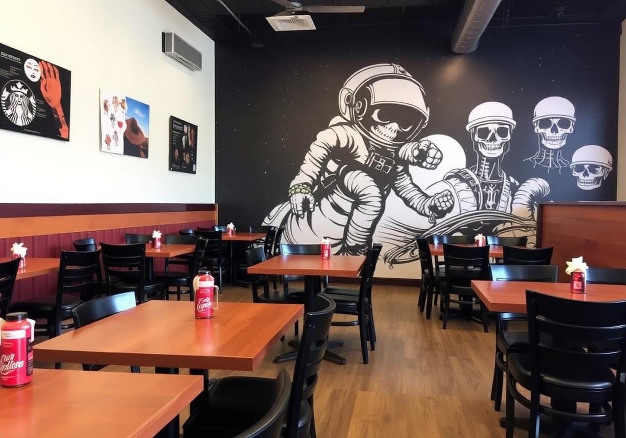 The dining room at Tacos El Carnalito — a clean, comfortable space with the custom mural in the background