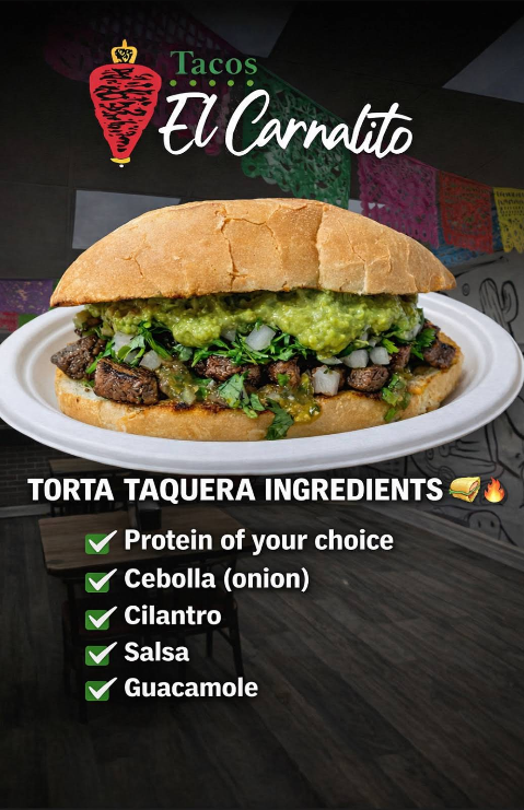 Torta Taquera at Tacos El Carnalito — a Mexican sandwich with guacamole, cilantro, and carne asada